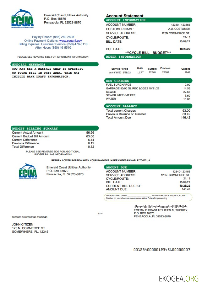 USA ECUA utility bill template in Word and PDF format